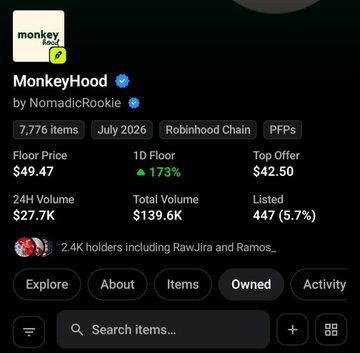 A mobile app screen showing details for the 'MonkeyHood' NFT collection by NomadicRookie, displaying a floor price of $49.47, 24H volume of $27.7K, and 2.4K holders.