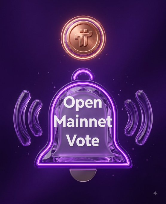 A digital graphic featuring a bronze Pi (π) coin above a glowing purple bell with the text 'Open Mainnet Vote'.