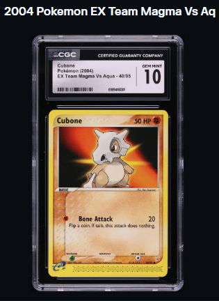 A graded and slabbed 2004 Pokémon trading card featuring Cubone from the 'EX Team Magma Vs Aqua' set, rated a Gem Mint 10 by CGC.