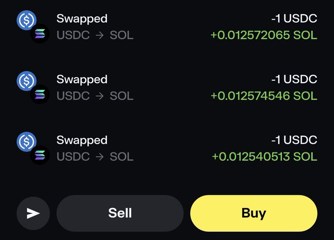 A cryptocurrency trading interface displays three recent USDC to SOL swaps, each exchanging 1 USDC for approximately 0.0125 SOL, with Buy and Sell buttons at the bottom.
