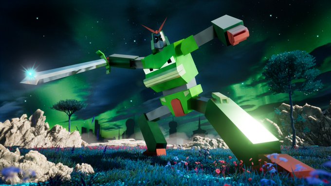 A blocky, voxel-style green mech warrior wields a glowing sword beneath a vibrant aurora-lit night sky, embodying the bold, adventurous spirit of the "GM TRUST US community" rallying cry to make something extraordinary happen together.