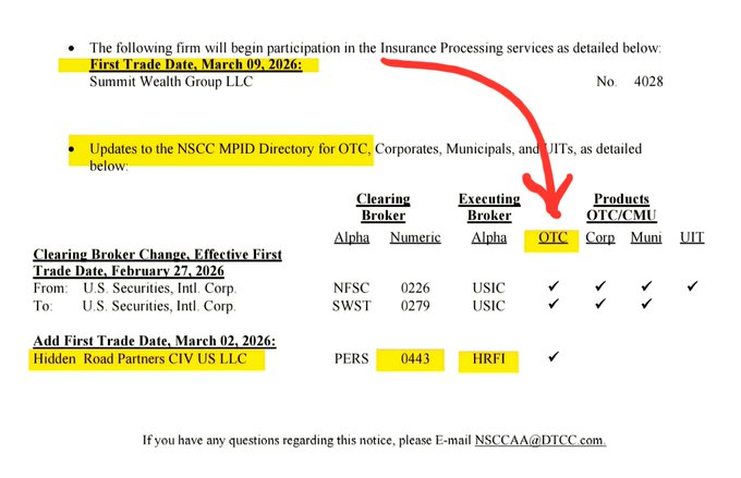 The image shows an NSCC insurance processing notice listing Hidden Road Partners CIV US LLC (executing broker "HRFI", numeric code 0443) with a First Trade Date of March 02, 2026, cleared through PERS, with a red arrow highlighting the date. This relates to the post's claim about Ripple/XRP-linked infrastructure gaining access to U.S. clearing rails, as Hidden Road—Ripple's prime brokerage acquisition—is appearing on the NSCC directory, signaling entry into core Wall Street clearing operations.