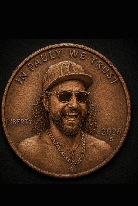 A commemorative bronze-style coin featuring a laughing man with long curly hair, sunglasses, and a McDonald's cap, inscribed with 'IN PAULY WE TRUST', 'LIBERTY', and '2026 S'.