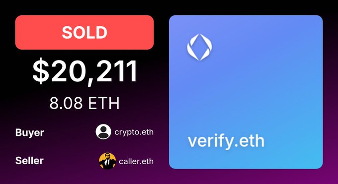 A digital sales record card showing the ENS domain "verify.eth" was sold for $20,211 (8.08 ETH), with buyer crypto.eth purchasing from seller caller.eth, marked with a prominent red "SOLD" banner and displaying the Ethereum logo.