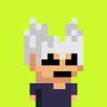 A small pixel art character with white hair, a beard, and a dark blue shirt set against a bright green background.
