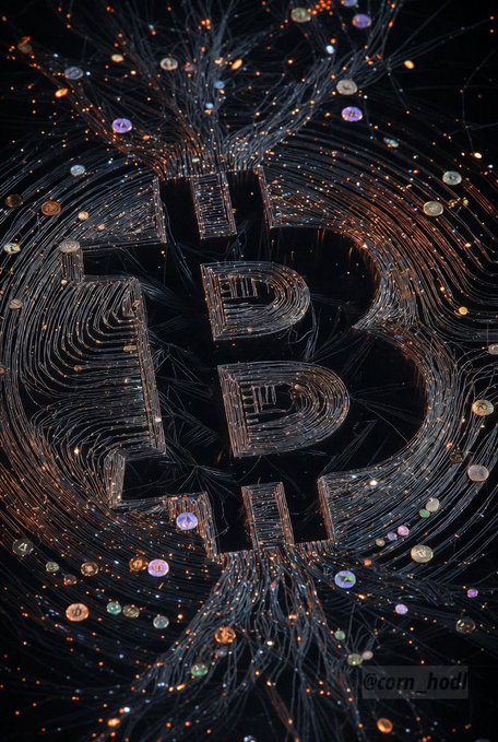 A digital 3D art piece featuring a large Bitcoin (₿) symbol rendered with glowing data trails, network connections, and scattered crypto tokens, signed by @corm_hodl.