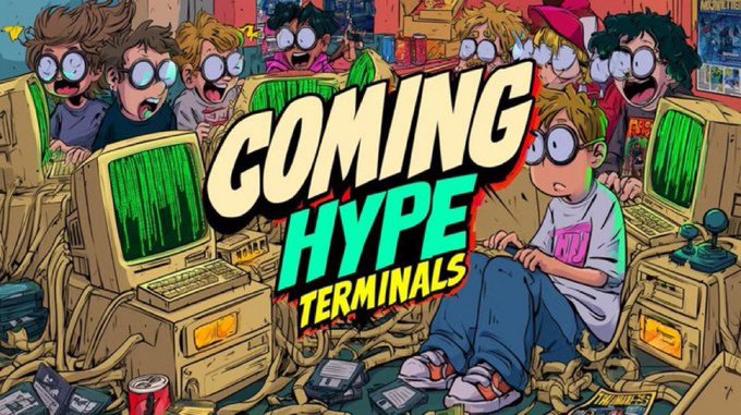 An illustrated promotional graphic reads 'COMING HYPE TERMINALS' in stylized text, depicting children with glasses intensely staring at old CRT monitors in a messy arcade setting.