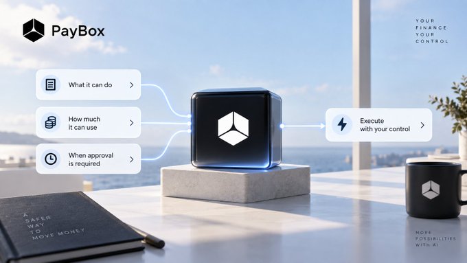 A promotional graphic for 'PayBox' displayed on a desk setting, highlighting features like 'What it can do,' 'How much it can use,' 'When approval is required,' and 'Execute with your control.'