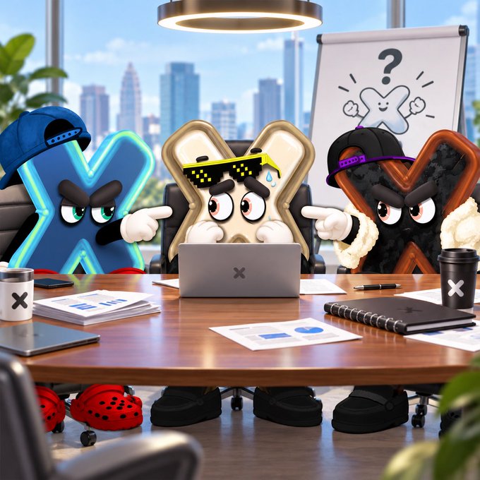 A cartoon toast character wearing pixelated sunglasses sits nervously at a laptop flanked by two angry "X" logos pointing fingers at him, as they gather evidence about a small follower count. The image humorously illustrates the post's joke about obsessive tracking of unfollowers on X (formerly Twitter), with a flipchart displaying a frustrated mascot questioning the behavior.
