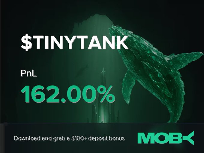 The image displays a promotional graphic for $TINYTANK featuring a green 3D shark underwater, highlighting a winning trade with a PnL of 162.00% and a call-to-action to download Moby for a $100+ deposit bonus, visually celebrating the trader's successful position close.