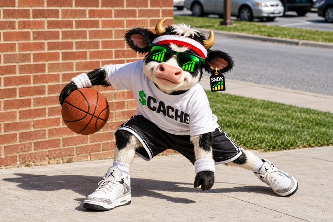 A person in a cow mascot outfit wearing green sunglasses, a red and white headband, and a white t-shirt with '$CACHE' text, dribbling a basketball on a sidewalk next to a brick wall.