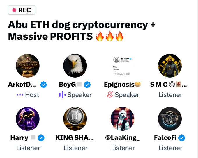 A Twitter Space recording titled 'Abu ETH dog cryptocurrency + Massive PROFITS' featuring a panel with hosts/speakers ArkofD and BoyG, and listeners including Epignosis, S M C, Harry, KING SHA, @LaaKing_, and FalcoFi.