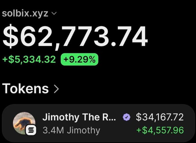 The image displays a cryptocurrency portfolio showing a total value of $62,773.74, with a specific token, "Jimothy," valued at $34,167.72. This aligns with the post's claim of turning a $101 investment in $Jimothy into over $62,000 profit.