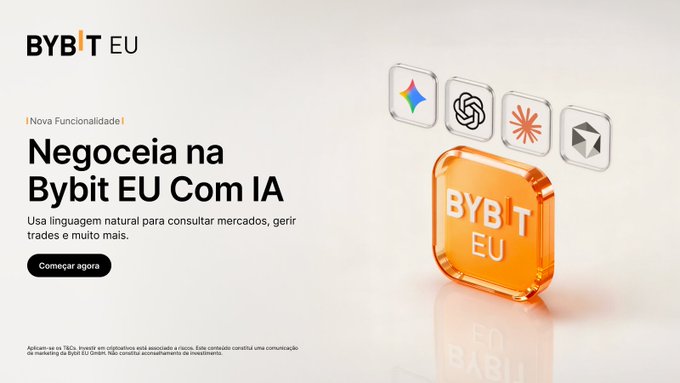 Bybit EU promotional banner in Portuguese announcing 'Negoceia na Bybit EU Com IA' (Trade on Bybit EU with AI), featuring icons for AI tools like ChatGPT and Claude, and an orange Bybit EU logo cube.