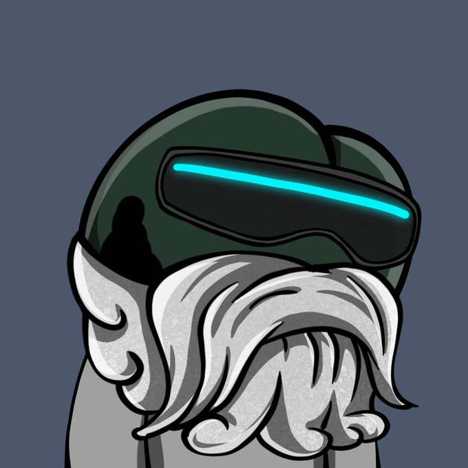 A cartoon illustration of a character with a large white mustache wearing a dark green helmet with a glowing blue visor, set against a grey background.
