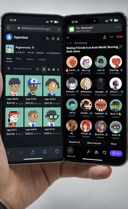 A hand holds a foldable smartphone displaying the OpenSea NFT marketplace on one screen and a Twitter Spaces audio chat titled 'Making Friends in an Anon World' on the other.