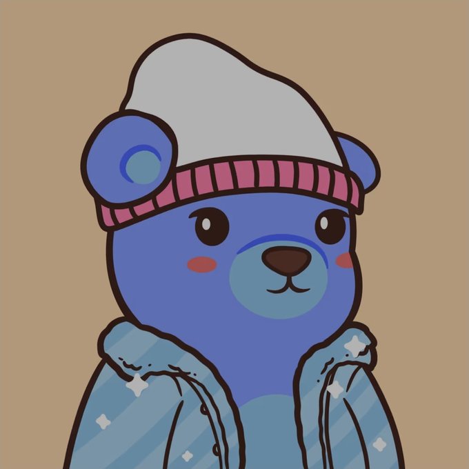 A cartoon illustration of a blue bear wearing a white beanie with a pink brim and a blue jacket with stars, set against a peach background.