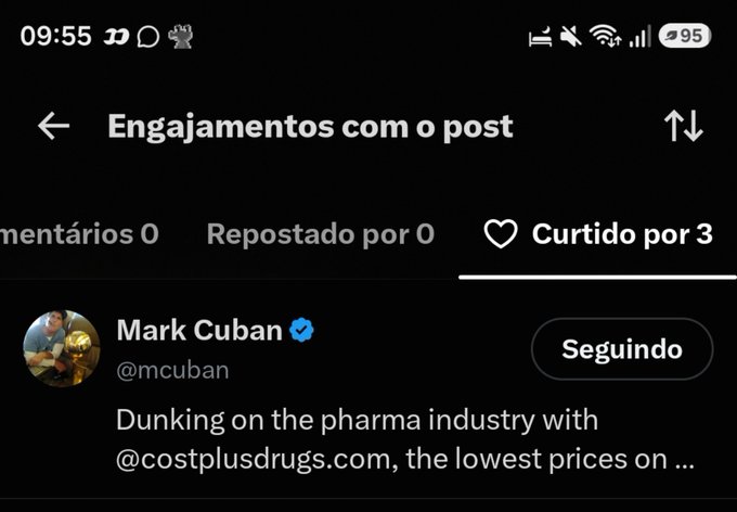 A Twitter/X screenshot showing post engagement metrics in Portuguese, with a post from verified user Mark Cuban (@mcuban) reading 'Dunking on the pharma industry with @costplusdrugs.com, the lowest prices on...'