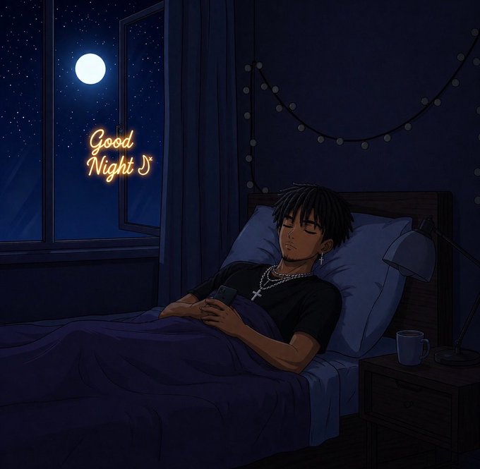 A young man with dreadlocks sleeps peacefully in bed at night, with a glowing "Good Night ♪" neon sign visible through the window alongside the full moon—perfectly matching the post's "GN frens" (good night friends) sign-off after a long day.