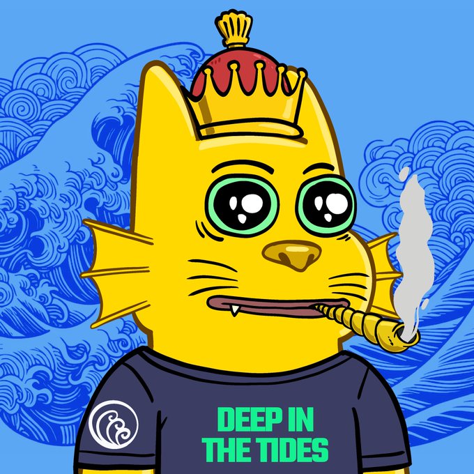 A cartoon yellow cat character wearing a crown and a shirt reading 'DEEP IN THE TIDES', smoking a cigar against a blue wave background.