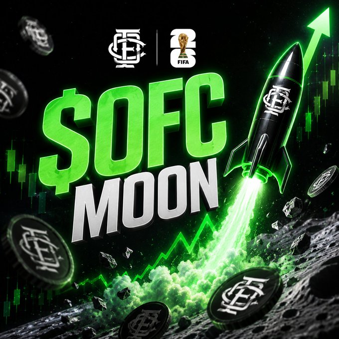 The image features a rocket with the words "Sofc Moon" written above it, along with an upward-pointing arrow. The background of the image is black, with green and white elements scattered throughout. There are also some coins visible in the image. The text on the image reads "@FIFAWorldCup @ofc_the_club The countdown is over. Eyes on football. Eyes on crypto. Eyes on $OFC Fuel loaded." This suggests that there might be a connection between the rocket and the cryptocurrency market, possibly indicating an upcoming event or trend related to both.