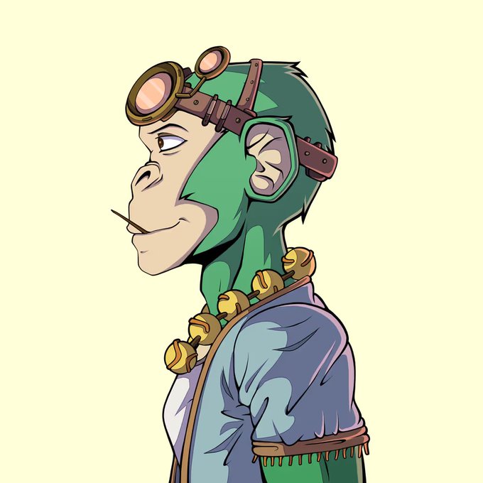 The image is a cartoon-style illustration of a green ape character in profile view, wearing steampunk-inspired goggles on its head, a tooth-like necklace, and a blue vest, with a small stick dangling from its mouth. The image directly represents the "FUKU" ape from the @fukuapes NFT collection, depicted as the mascot for their presence on ApeChain alongside the ApeCoin and JRNY Club communities mentioned in the post.