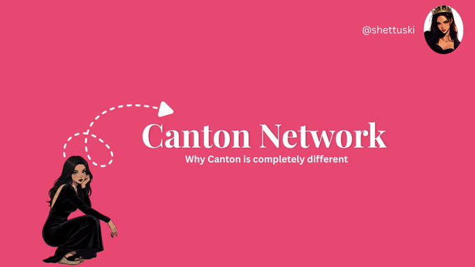 The image shows a pink background with white text, which reads "Why Canton Network Is Completely Different", and below this explanation there are two images of girls, one woman and another girl wearing black clothing, accompanied by a line that says "more people are beginning to notice what Canton Network has been building. $6T in connected tokenized assets is designed for regulated institutions $CC is now processing the highest fees across institutional blockchain networks."