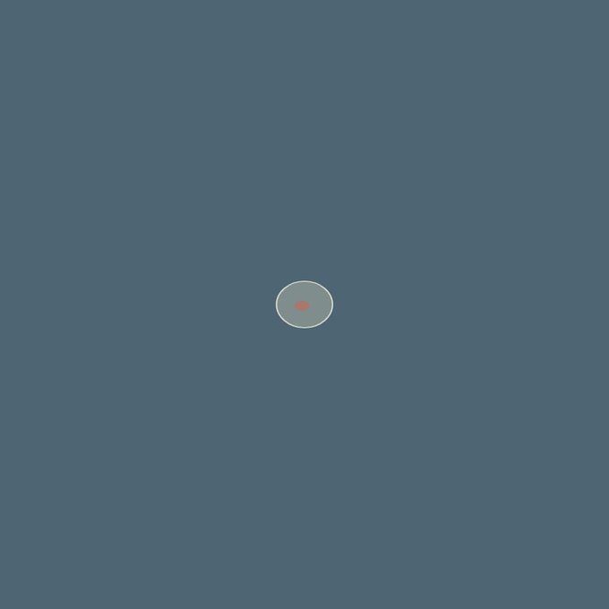A minimalist graphic showing a small gray circular icon with a red center dot on a solid dark blue background.
