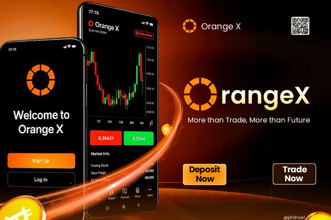 An advertisement for 'Orange X' cryptocurrency trading platform showing mobile app screens and the slogan 'More than Trade, More than Future' with a QR code.