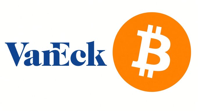The image displays the VanEck logo alongside the Bitcoin symbol, visually representing VanEck's analysis on Bitcoin's potential end to its current correction. The accompanying post highlights VanEck's observation that 8 of 12 capitulation signals are flashing, suggesting $BTC may be nearing a recovery with a "shallower trough this cycle."