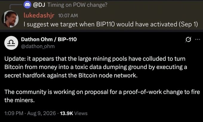 A screenshot of a social media thread dated August 9, 2026, shows Bitcoin developer Luke Dashjr (lukedashjr) suggesting a Sept. 1 target date for a BIP-110 proof-of-work change, with Dathon Ohm (@dathon_ohm) confirming in a post with 13.9K views that the community is working on a PoW change proposal to "fire the miners" after large mining pools allegedly executed a "secret hardfork."