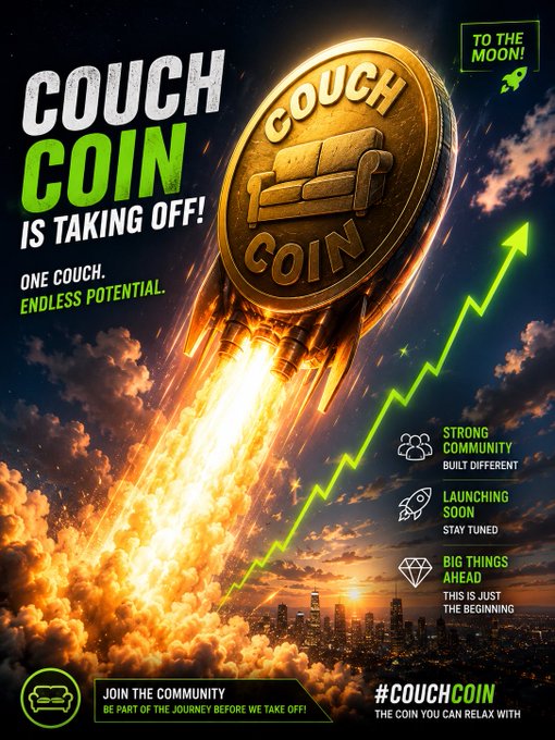 A promotional poster for 'COUCH COIN' depicting a gold coin shaped like a couch launching like a rocket with flames, featuring text like 'IS TAKING OFF!', 'ONE COUCH. ENDLESS POTENTIAL.', 'TO THE MOON!', 'STRONG COMMUNITY', 'LAUNCHING SOON', 'BIG THINGS AHEAD', and '#COUCHCOIN THE COIN YOU CAN RELAX WITH' over a city skyline.