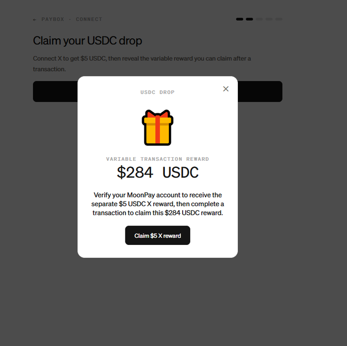 A "USDC DROP" reward pop-up window from MoonPay offering a variable transaction reward of $284 USDC for verifying an account and completing a transaction.