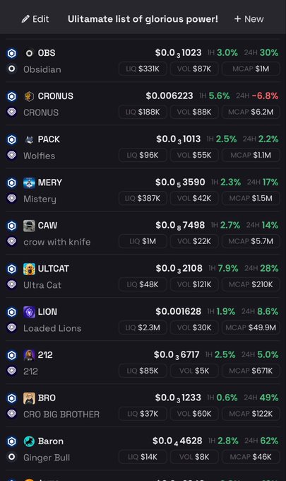 A screenshot of a watchlist titled 'Ultamate list of glorious power!' displaying crypto tokens including OBS, CRONUS, PACK, MERY, CAW, ULTCAT, LION, 212, BRO, and Baron with their prices, 1-hour and 24-hour percentage changes, liquidity, volume, and market cap.