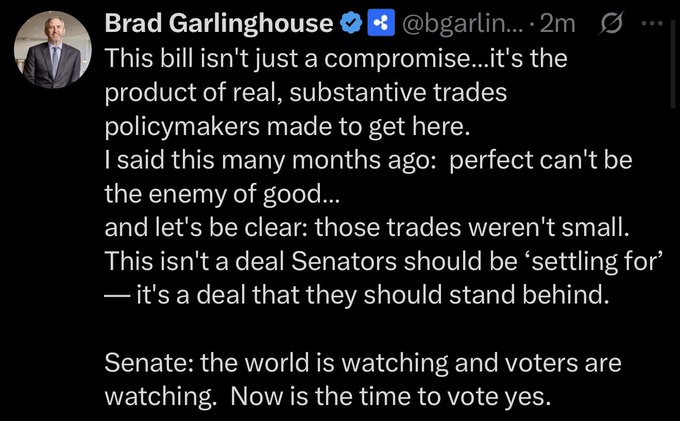 A tweet from Brad Garlinghouse (@bgarlin...) stating that the bill is a product of substantive trades and urging Senators to vote yes, noting the world and voters are watching.