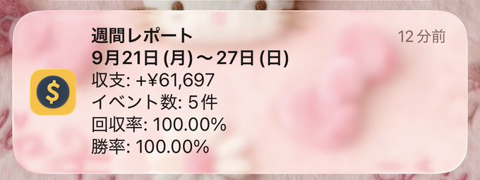A pink notification card in Japanese titled '週間レポート' (Weekly Report) dated September 21-27 displays earnings of +¥61,697, 5 events, and a 100.00% win rate and recovery rate.