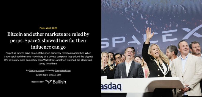 A headline titled "Perps Week 2026: Bitcoin and ether markets are ruled by perps" appears alongside a photo showing a woman waving at the Nasdaq stock exchange, referencing SpaceX's IPO as evidence of how perpetual futures are reshaping price discovery and challenging Wall Street's traditional markets.
