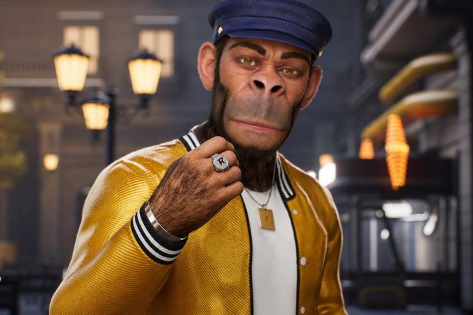 A 3D-rendered anthropomorphic monkey character wearing a yellow varsity jacket, white t-shirt, blue cap, and a gold 'L' pendant necklace, standing in a city street setting.