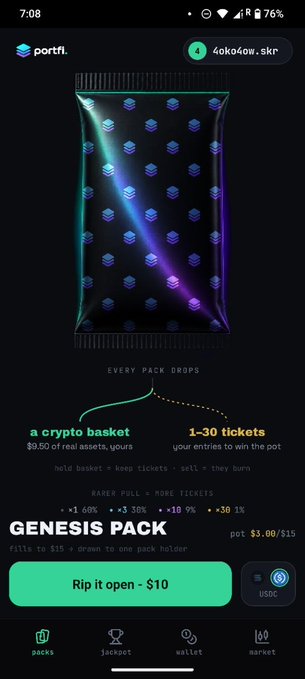 Portfi's "Genesis Pack" offers a $9.50 crypto basket and 1-30 tickets for $10, available on the Solana Mobile Seeker dApp store. The image displays a digital pack with the "Genesis Pack" title and an option to "Rip it open - $10."