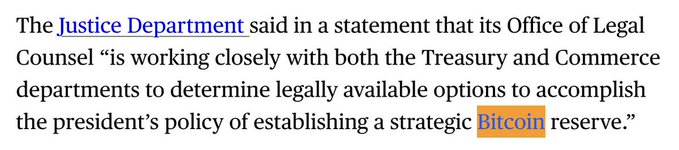 The image shows a news excerpt stating that the Justice Department is working with Treasury and Commerce departments to determine options for establishing a strategic Bitcoin reserve, directly illustrating the accompanying post about U.S. government efforts to create a Strategic Bitcoin Reserve.
