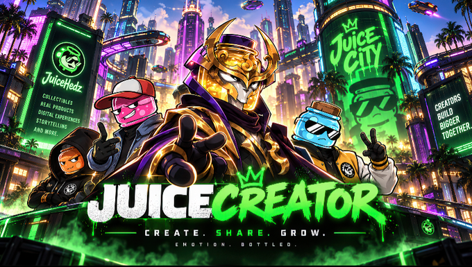 A colorful promotional graphic for 'Juice Creator' features anime-style characters in a neon-lit futuristic city, with text including 'JuiceHedz,' 'Juice City,' 'CREATORS BUILD BIGGER TOGETHER,' 'COLLECTIBLES, DIGITAL PRODUCTS, DIGITAL EXPERIENCES, STORYTELLING, AND MORE,' and 'CREATE. SHARE. GROW. EMOTION. BOTTLED.'