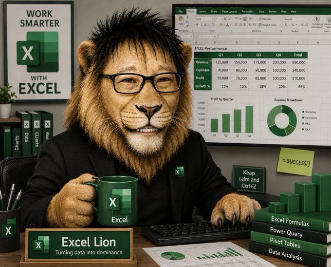 An AI-generated image of an anthropomorphic lion wearing glasses and a suit, holding an Excel mug at a desk with a nameplate reading 'Excel Lion - Turning data into dominance.'