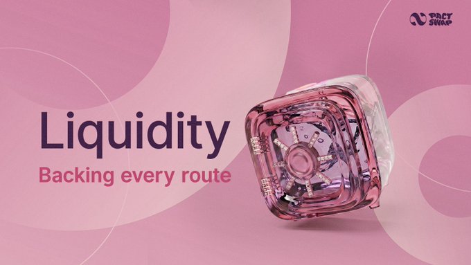 A pink promotional banner for 'PactSwap' reading 'Liquidity Backing every route' alongside a 3D glass cube containing mechanical parts.