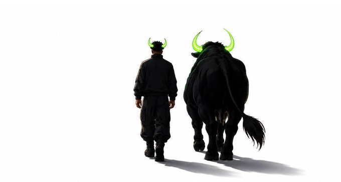 A man and a black bull, both adorned with glowing green horns, walk side by side away from the viewer, visually representing the "Black Bull" token concept mentioned in the accompanying cryptocurrency post about $ANSEM airdrops and community rewards.
