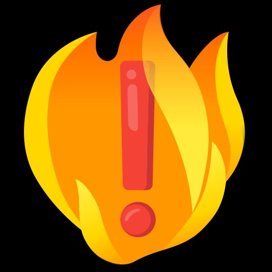 Illustration of a red exclamation mark surrounded by orange and yellow flames on a black background.