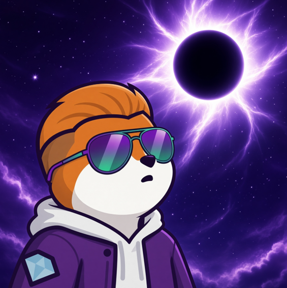 A cartoon-style anthropomorphic fox or dog character with orange hair, purple sunglasses, and a purple jacket stands against a cosmic backdrop featuring a glowing purple solar eclipse.