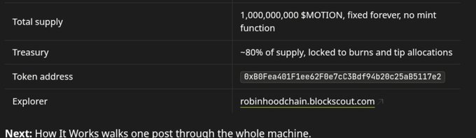 A dark-themed informational graphic displays token details including "Total supply: 1,000,000,000 $MOTION, fixed forever, no mint function," "Treasury: ~80% of supply, locked to burns and tip allocations," along with a token address and explorer link to robinhoodchain.blockscout.com.