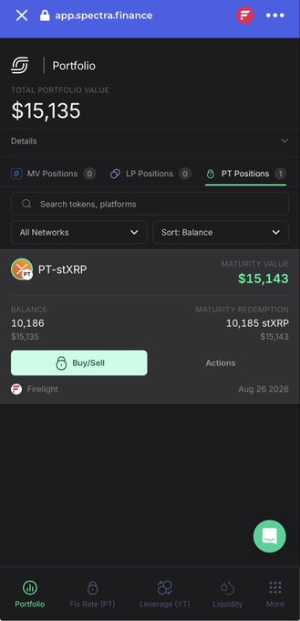 A screenshot from app.spectra.finance shows a Portfolio page with a total portfolio value of $15,135, displaying a PT-stXRP position with a balance of 10,186 on the Firelight platform.