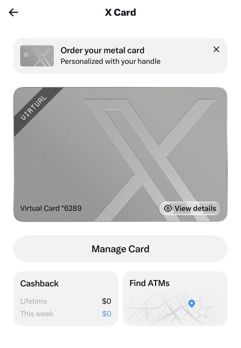 A mobile app screen for an "X Card" showing a gray virtual card with a large X logo and the text "VIRTUAL" and "Virtual Card *6289," along with options to Manage Card and view Cashback or Find ATMs.