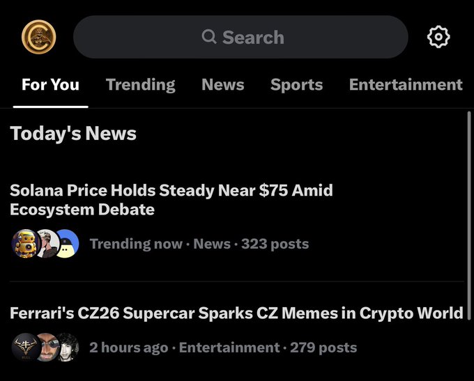 A news app displays a "Today's News" feed featuring a trending article about Ferrari's CZ26 supercar sparking CZ memes in the crypto world, posted 2 hours ago with 279 posts under Entertainment, directly referencing the post's playful nod to crypto culture's evolving dream car aspiration from Lamborghini to Ferrari.